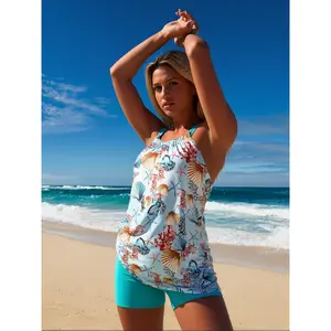 Women's Modest Plus Size Swimsuit 2026 Trendy Ocean Seashell Print Halter Neck Two Piece Bathing Suit Tummy Control High Waisted Boy Short Soft Fabric for Beach Party Pool Daily Wear Ladies Summer Plus Size Swimwear