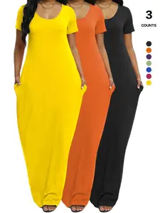 Plus Size Women's Solid Color Dress, Sexy Round Neck Short-Sleeved Long Dress, European and American Summer New Arrival, Casual Style