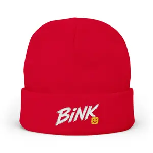 Bink Embroidered Knit Beanie — Cozy Black Cuffed Hat with Smiley Patch