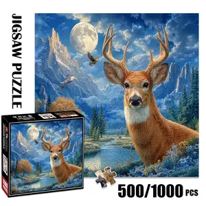 1pc 1000 piece adult puzzle 58x58cm Deer, Eagles, Mountains and Full - Moon Landscape 500 pieces of paper puzzle, suitable for adults and families, large-scale DIY puzzle interactive toy games,