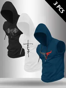 Men's 3-Piece Letter Graphic Print Round Neck Sleeveless T-Shirt, Casual Comfortable Hooded Vest, Summer Outdoor Fitness Wear, Gym Athletic Clothes, Athletic Sports Clothing
