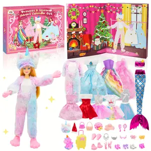 ZMLM Christmas Advent Calendar with 12 In Doll, Princess & Unicorn 24 Surprises Box Including 10 Doll Dresses, 26 Accessories & Unicorn Pets, Countdown Calendar Christmas Gifts for Girls 3-8 Years Old