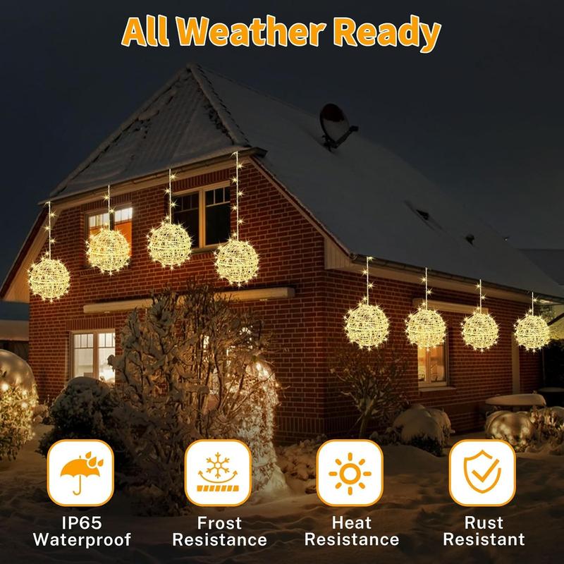 Outdoor Christmas Balls Lights 4 Pack Hanging 7.9" LED Garden Sphere Tree Lights 8 Modes  Glow Globe Lights with Memory Timer Plug for Party Yard Porch Eave Patio Xmas Decorations-Warm White