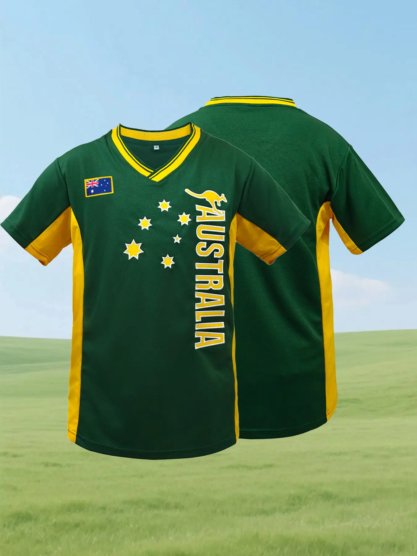 Australia Men's Soccer Jersey - Breathable Polyester V-Neck, Short Sleeve, Embroidered Football Jersey Ideal for Casual Training & Matches
