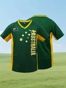 Australia Men's Soccer Jersey - Breathable Polyester V-Neck, Short Sleeve, Embroidered Football Jersey Ideal for Casual Training & Matches