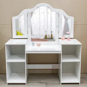 GARVEE Princess Makeup Vanity Table and Chair Set for Toddlers with Touch Light, Detachable Tri-Folding Mirror, Open Storage Shelves, Wooden Design, and Pretend Play Features