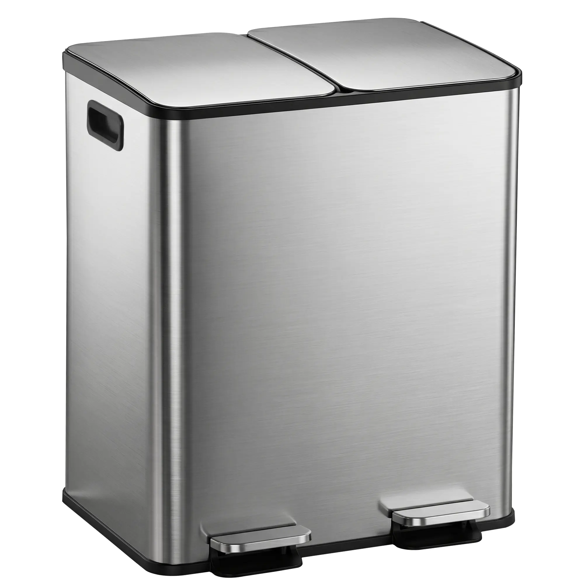 Segawe Metal Dual Compartment Trash & Recycle Can - 2x6.6Gal Stainless Steel Kitchen Bin with Double Soft-Close Hinges, Pedals, Odor Filters, Side Handles, ABS Black Inner Bins, 50L, 18.7x12.9x22 Inches