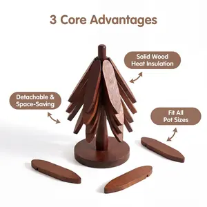 【vervesip】4-Piece Tree-Shaped Solid Wood Trivet Set with Stand, Heat-Resistant Foldable Hot Dish Coasters, Durable Kitchenware, Christmas Gift for Home Kitchen Use