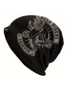 Men'S Vintage Motorcycle Skull Beanie - Trendy Pull-On Ski Hat with Chopper Graphics, Black Casual Headwear for Bikers and Extreme Sports Enthusiasts, Winter Sports Hat | Graphic Skull Design | Polyester Blend Hat, Motorcycle Accessorie