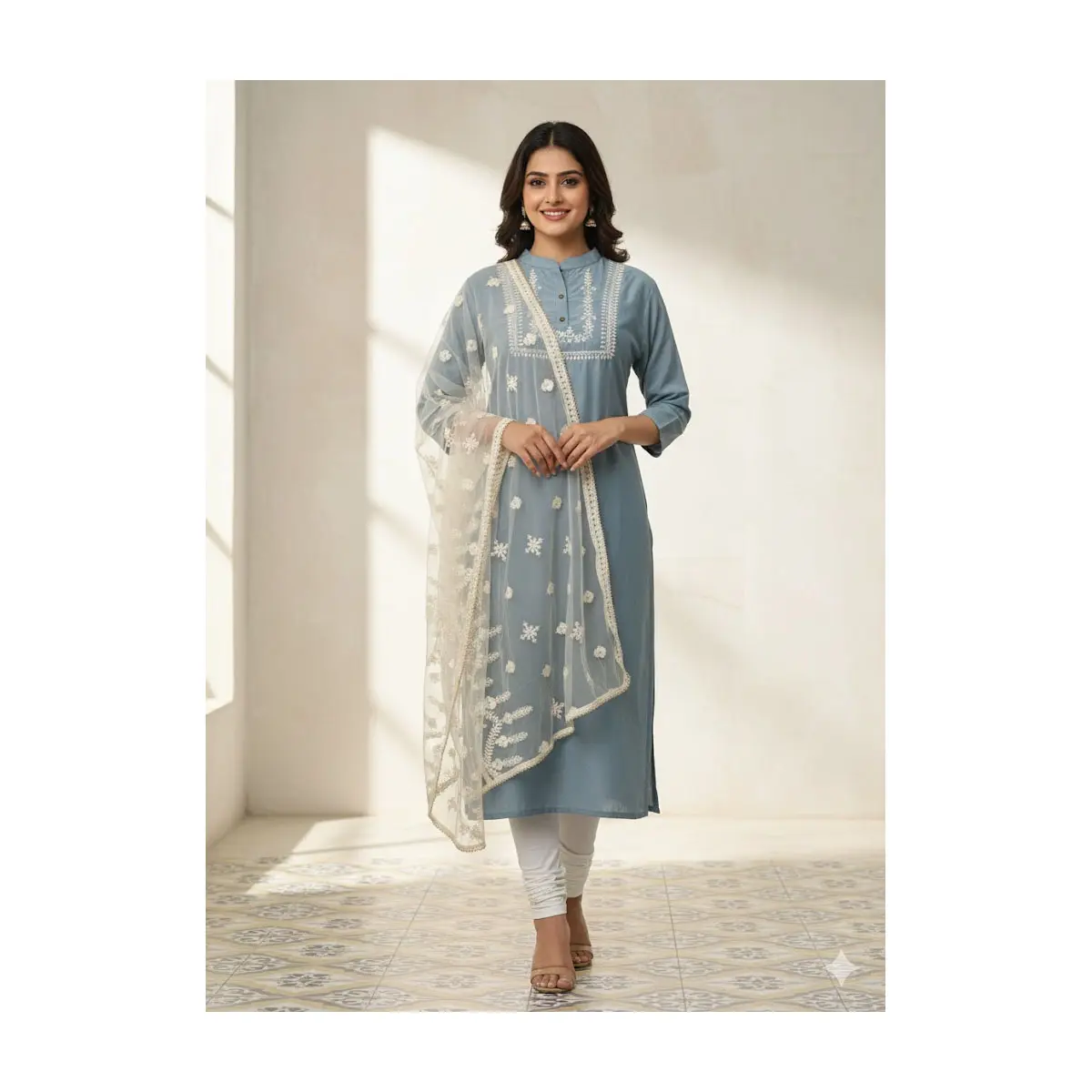 #CORE-14 Powder Blue Embroidered Kurthi  with Ivory Dupatta Set