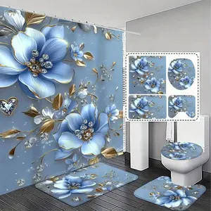 1/4-piece blue floral shower curtain set includes shower curtain, toilet seat cover, rectangular mat, U-shaped mat. Perfect for Bathroom Decor And Accessories, it also comes with 12 shower curtain hooks, Bathroom Accessory