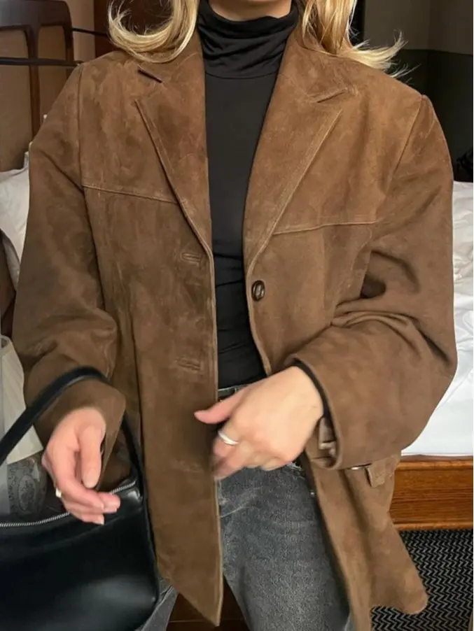 Casual Oversized Brown Suede Jacket - Comfortable and Stylish for Everyday Wear, Ideal for Women's Coats - Womenswear