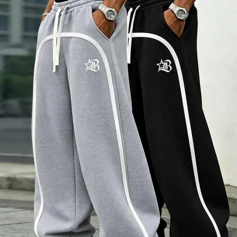 Men’s two-pack loose-fit fleece sweatpants, wide-leg design, for fitness, running, and everyday commuting, side stripes, available in 9 colors, all sizes