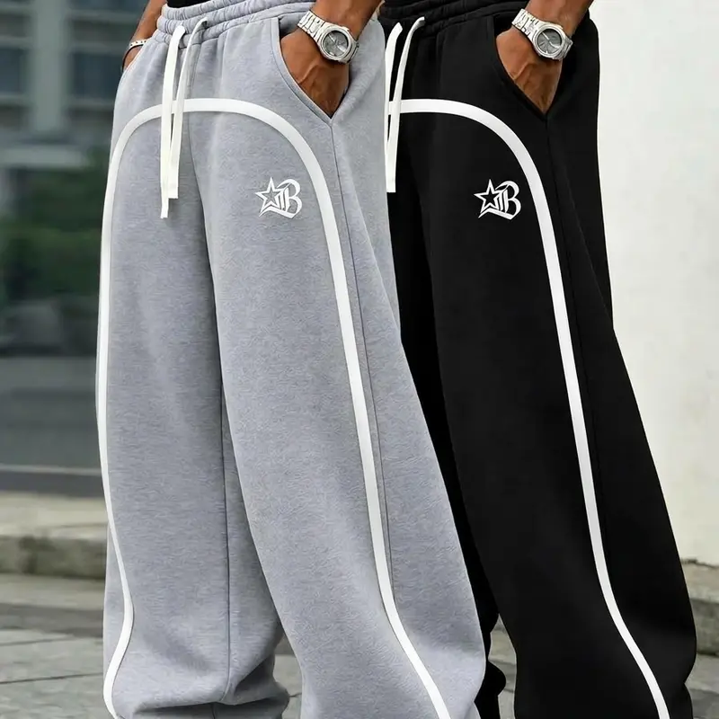 Men’s two-pack loose-fit fleece sweatpants, wide-leg design, for fitness, running, and everyday commuting, side stripes, available in 9 colors, all sizes