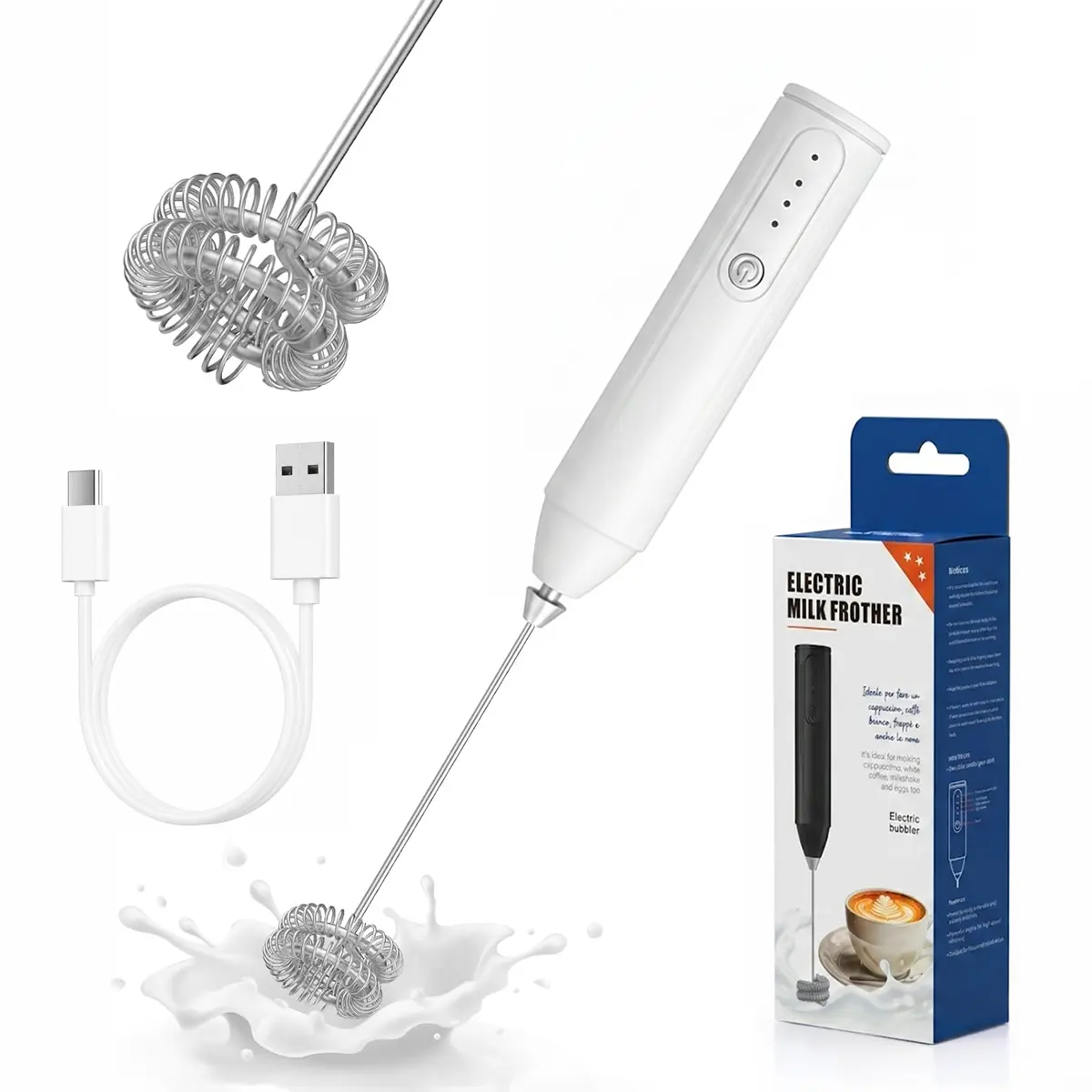 Rechargeable 3-Speed Handheld Milk Frother, Dual Spring Whisk Electric Foamer, Portable & Detachable Coffee Frother Wand, Drink Mixer for Milk, Coffee, Matcha, Lattes, Macchiato, Hot Chocolate