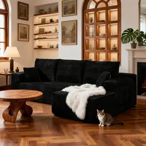 【2 Packages Shipping】105'' Cloud Sectional Couch with L-shape Chaise, Boneless Modular Sofa with Deep Seat, Modern Corduroy Couch for Living Room, No Assembly Required. asthetic decor L-Shaped Sectional Sofa