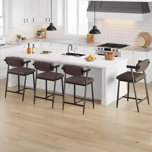 Bar Stools Set of 4 with Arms, 26" Counter Height Barstools Set with Back & Footrest, 4-Piece Modern Metal Bar Stools, Wide Seat for Counter Bar, Kitchen Island, Easy Assembly, Retro Brown