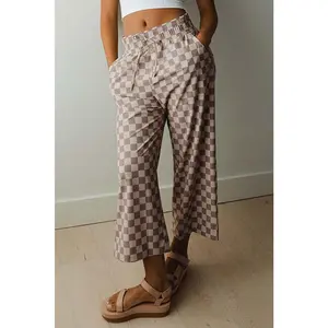 Khaki Tie Elastic Waist Checkered Loose Pants