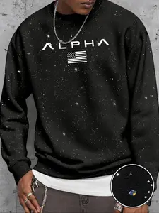 Men's Round Neck Sweatshirt, Casual Fashion Long Sleeve Pullover, Star Rhinestone Design, Alpha Letter and Us Flag Print, Perfect for Daily Wear