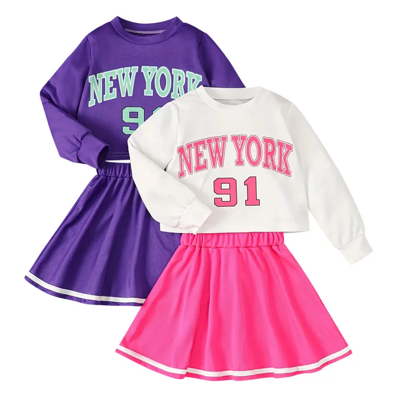 4-piece girls' autumn and winter fashion suit children's long-sleeved round neck digital printing design sweatshirt and cute pleated skirt suit Set Outfit Casual Set