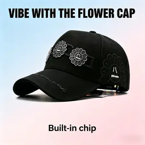 Gothic-Style "Smiley Flower" Streetwear Cap — Fully Embellished Rhinestone Hip-Hop Baseball Hat, Adjustable Black Suede-Brimmed "Dad Hat"