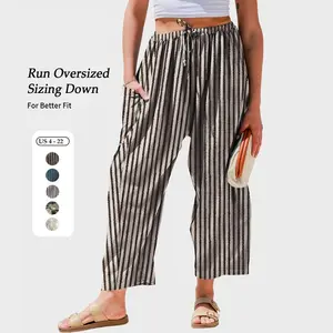 Womens Linen Wide Leg Pants Casual Camo Pants Stripe comfy work bottoms Oversize Loose Fit boho Palazzo Harem trousers with Pockets Fall Outfits Womenswear