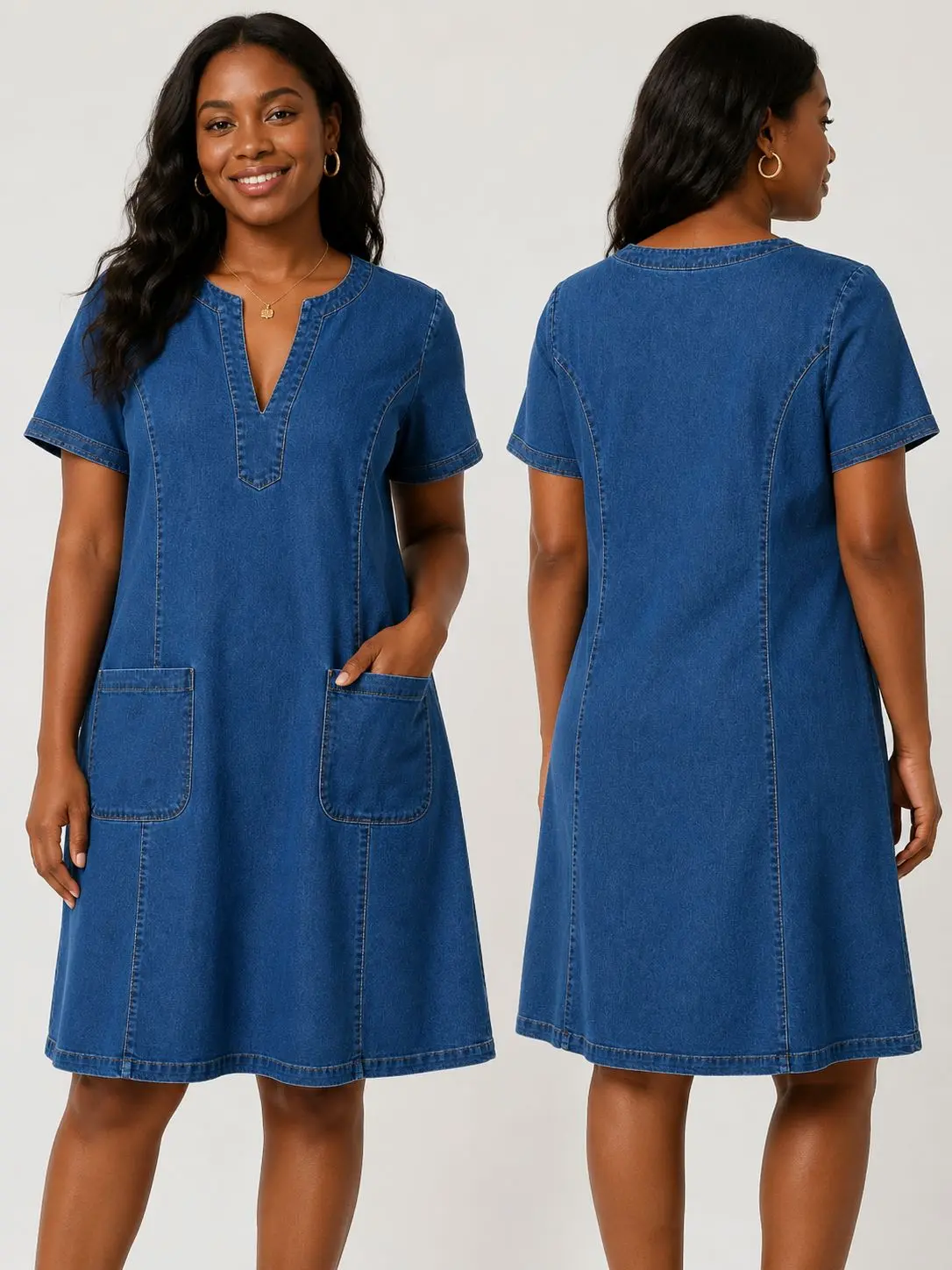 Women’s V-notch neck short-sleeve shift dress, casual knee-length denim dress with functional patch pockets, relaxed fit everyday dress for work, travel & weekend outings Fashion Style