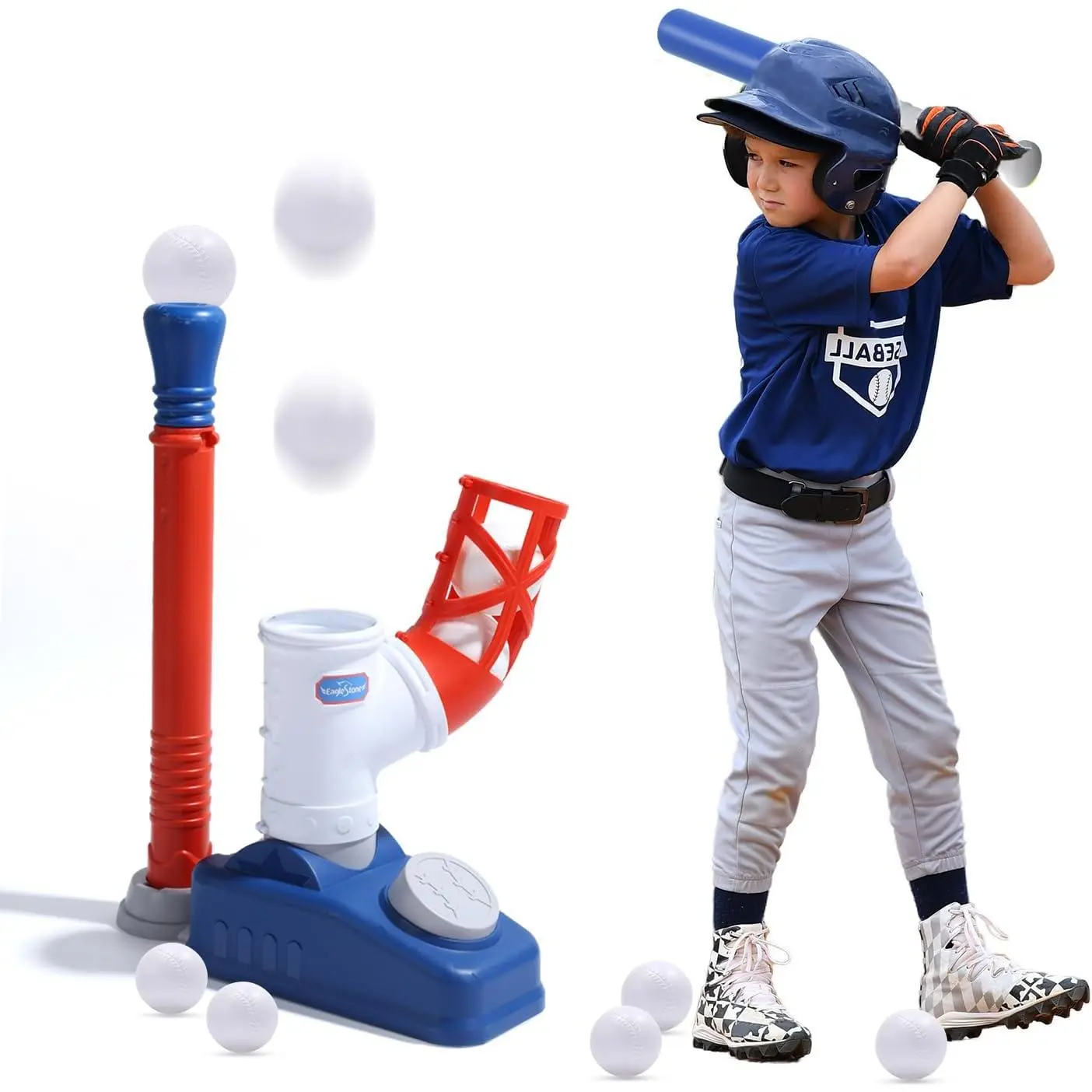 Kids Baseball T-Ball Set with Step-On Pitching Machine, Adjustable Height Batting Tee, Bat, 6 Balls & Tee - Kids Outdoor Play Toy for Ages 3-5, Ideal Outdoor Christmas Gift for Boys, Birthday, Learning, Accuracy, Fine Motor Skills, 2-In-1 Pitching Machine