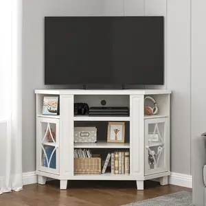 RoyalCraft Corner TV Stands for TVs up to 55'', Media Console Table with Adjustable Shelves, Acrylic Doors with Diamond Pattern, Wood Modern Entertainment Center for Living Room Bedroom