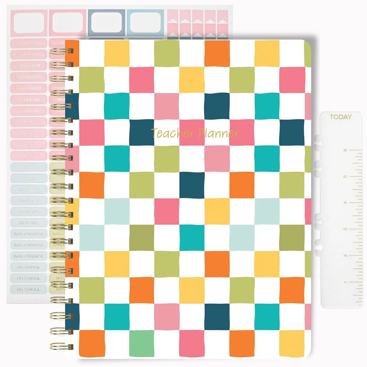 Undated Teacher Planner 8.5 x 11-12 Months & 52 Weeks | Colorful Checkerboard Cover | Monthly & Weekly Lesson Plan Book with Stickers, Storage Pocket & Snap-In Bookmark | Classroom Organizer