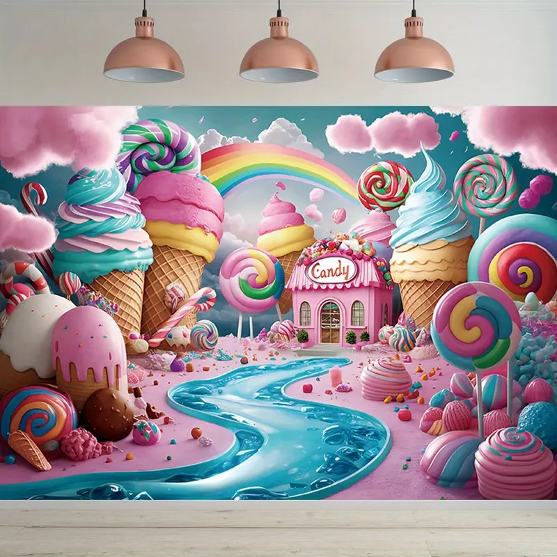 Candy Land Themed Lightweight Tapestry Wall Hanging Banner - Sweet Fantasy Photography Background, Thanksgiving Room Wall Decor for Family Love, Birthday Party Home Supplies