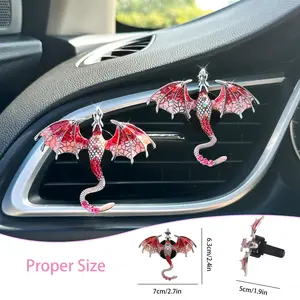 Red Car Accessories 2count Bling Dragon Car Air Freshener Vent Clips Cute Alloy Red Enamel Wyvern Dragon Vent Clips Car Accessories Refillable Car Essential Oil Diffuser Goth Car Decor