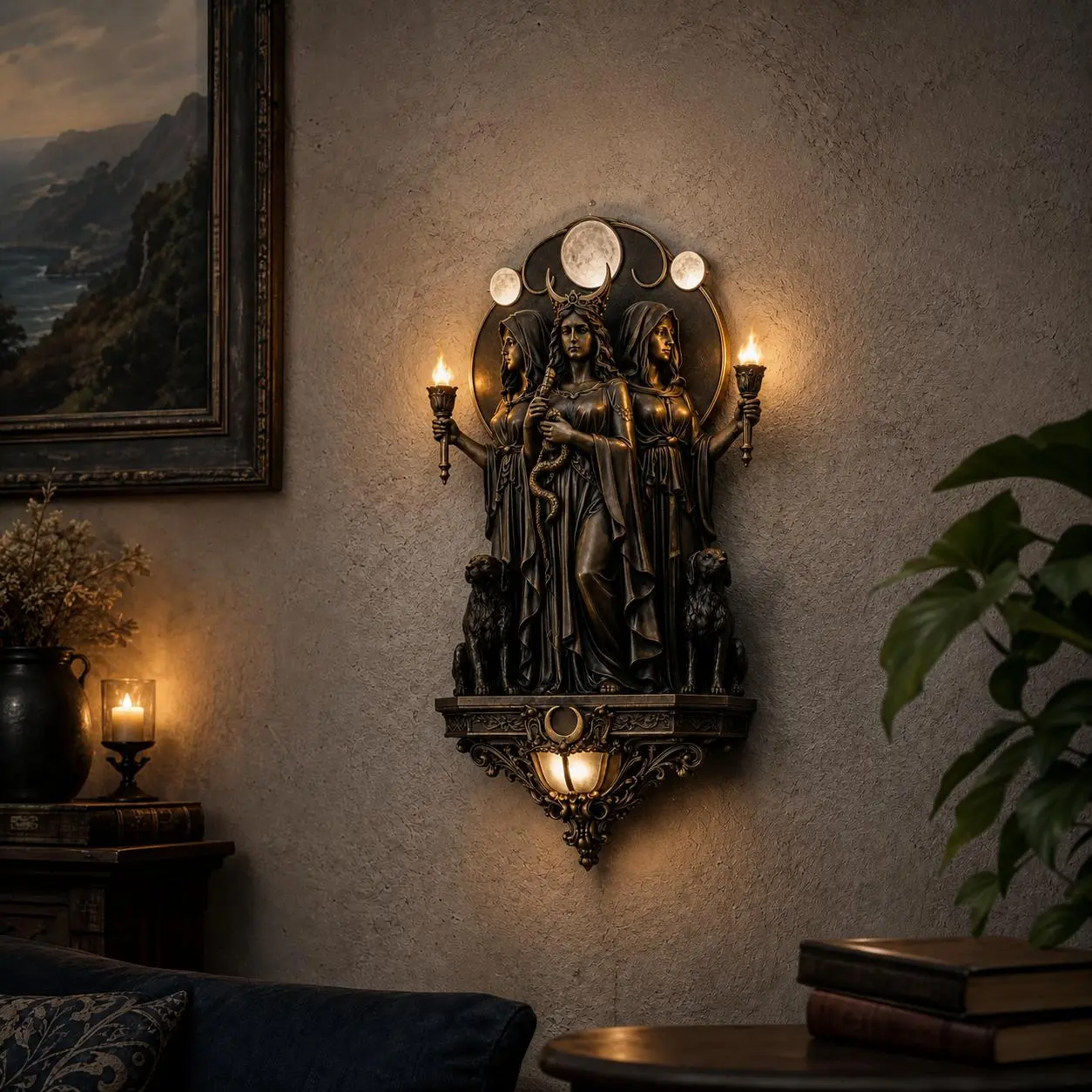 Vintage Gothic Resin Wall Sconce Sculpture - Medieval Triple Goddess & Odin Norse Warrior LED Lamp, Antique Bronze Mount Decor for Dark Academia Living Room Study Home Art Ornament