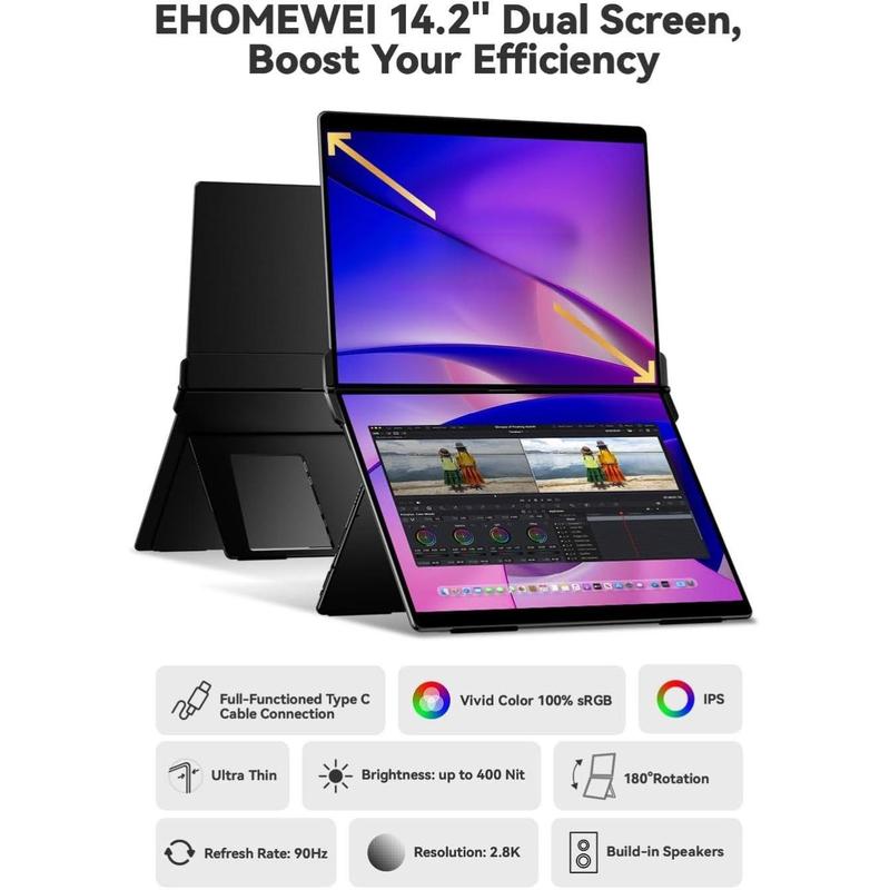 EHOMEWEI X1 Air, 14.2 Inch 2.8K IPS Display, 90Hz Dual-Screen, 400 Nit Brightness, 100% sRGB (Dual-Screen 14.2" No-Touch, 14.2")