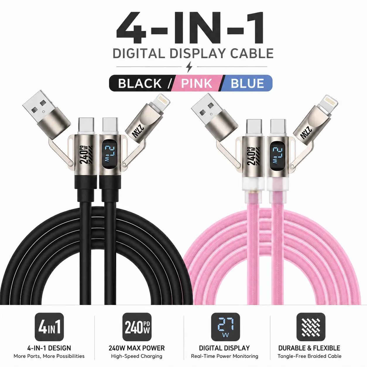 Buy 1 Get 1 Free 240W LED Digital Display 4-in-1 Charging Cable - Liquid Silicone Durable Fast Charging Cord with Real-Time Display, Flame Retardant Braided Connector, USB-C/Lightning for Mobile Phones, Laptops