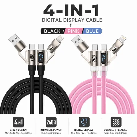 MFish Buy 1 Get 1 Free Product 240W LED Digital Display 4-in-1 Charging Cable - Liquid Silicone Durable Portable Multi-Device Quick Charge Smart Display Super Rapid Cord, Flame Retardant Braided Connector, USB-C/Lightning for Phones, Laptops, Portable Mul