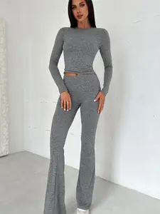 Solid Comfort Fitted Top and Flared Leggings Set Womenswear