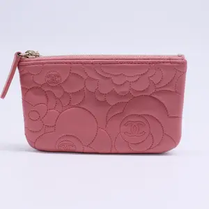 Pre-owned CHANEL Leather Small Leather Goods Embossed Camellia Pouch Bag W20406