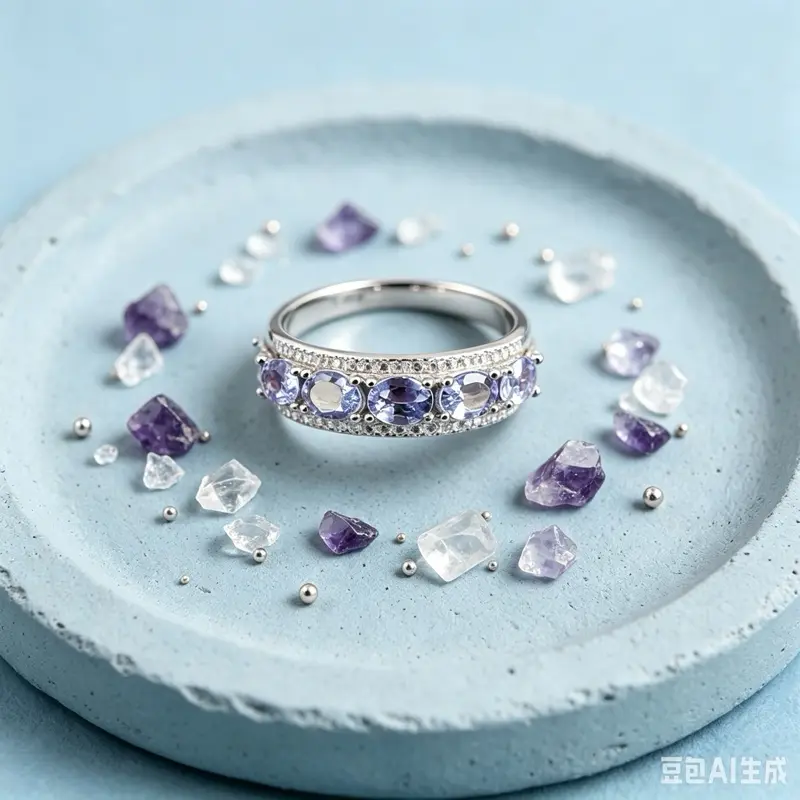<PingEast jewelry > TAZ104--Elegant Adjustable Band Ring in 925 Sterling Silver, Featuring 5 Sparkling Natural Tanzanite Stones — Timeless Design with a Comfortable Resizable Fit