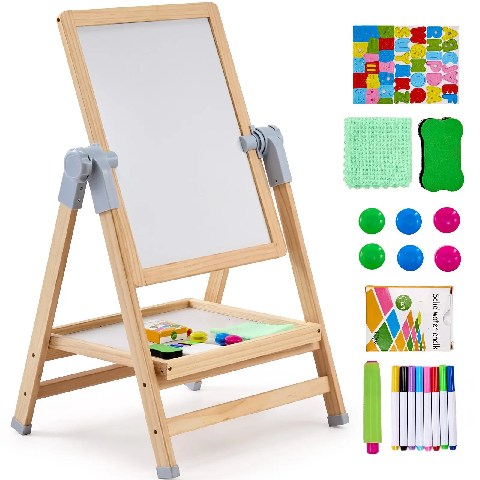 【summerfinds】VEVOR 2-in-1 Kids Adjustable Standing Magnetic Board Easel - Double-Sided Wooden Whiteboard & Chalkboard, Non Toxic Toddler Gift for Father's Day, Christmas, Adjustable Standing Easel, Magnetic Board Easels