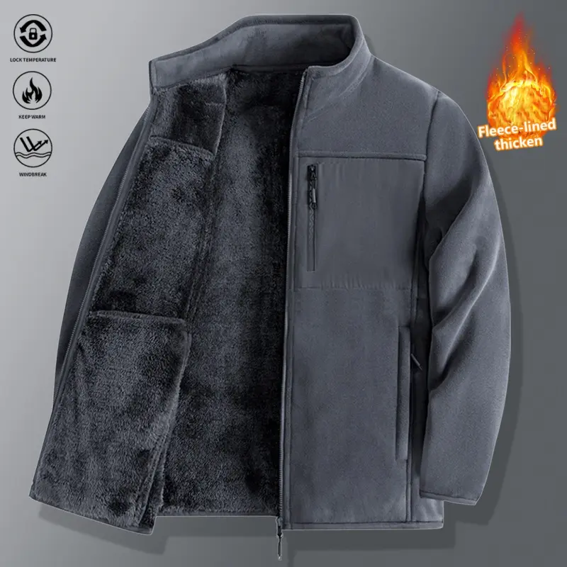 Men’s fleece-lined zip-up stand collar jacket for outdoor daily wear, usable as an outer and inner layer
