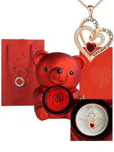 Bear Rose Box with Heart Shaped Necklace, Love Heart Necklace, Gift for Women, Fashion Jewelry for Party, Daily Decor, Trendy All-match & Exquisite Jewelry for Birthday Gift