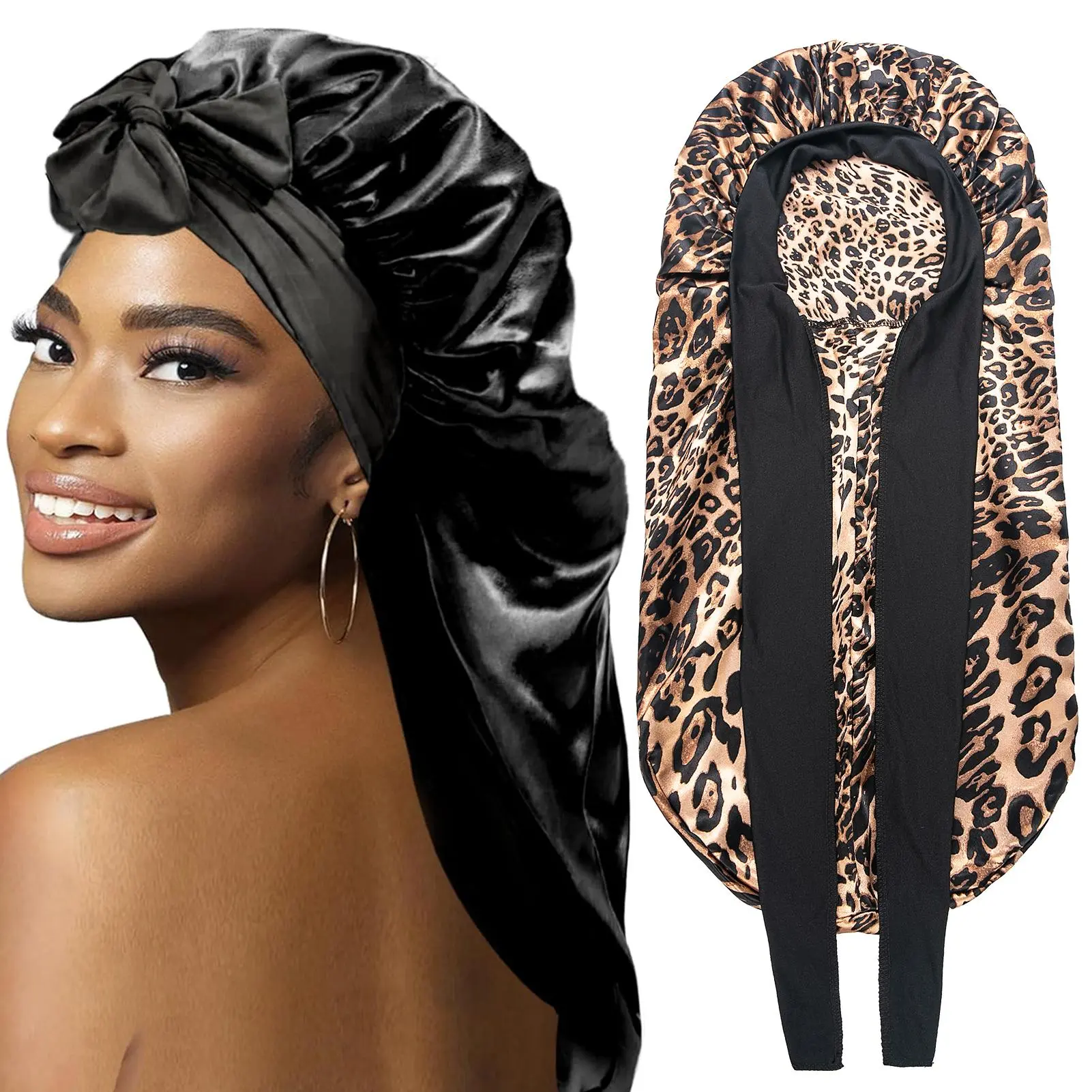 Women's Satin Braid Bonnet - 2 Count Large Long Silk Sleep Cap with Stretchy Tie Band for Braid Multifunctional Elastic Heatless (Black&Leopard Print)
