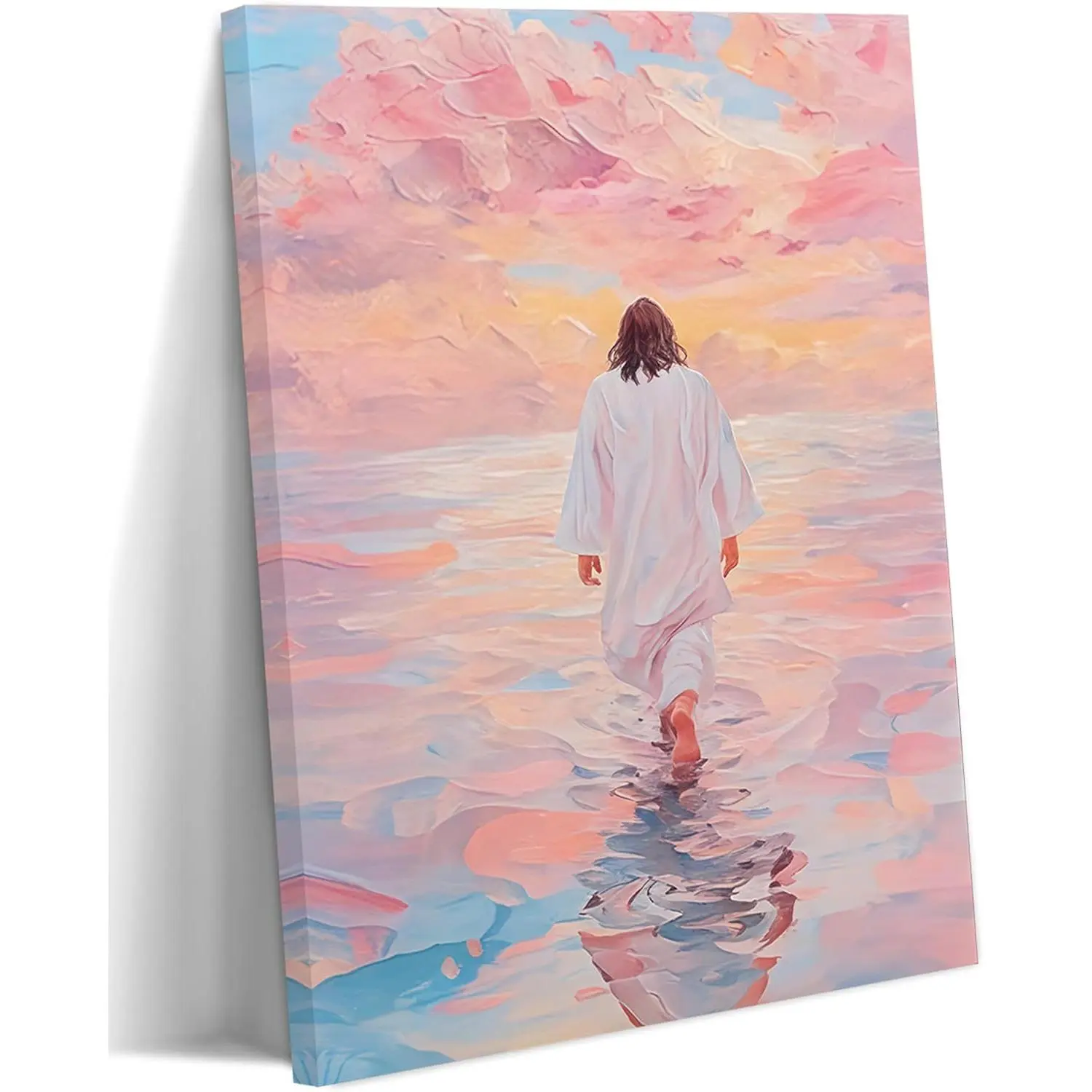 Pink Jesus Walking on Water Stretched Framed Print Wall Art - 16×24in (40×60cm) Pine Wood, Modern Religious Christian Home Decor for Prayer Room, Dining Room, Kitchen, Nursery, Toilet Home Supplies Posters & Prints