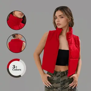 Cimmuovere Red Zip-Up Sleeveless Vest Coat for Women Funnel Neck Crop Top 100% Polyamide Regular Fit ideal for Late Fall Winter Casual Wear