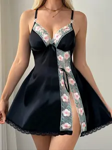 Women's Elegant Cute Doll Dress V-Neck Sleeveless Sleepwear Set, Embroidered Floral Print, Adjustable Thin Straps, Casual Loungewear for All Seasons