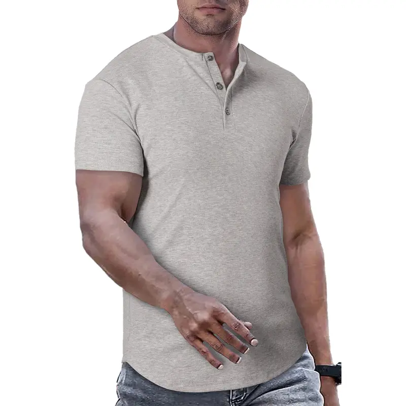 TUREFACE Men's Plain Muscle Slim Fitted Henley Shirts Crewneck Longline T-Shirt Gym Workout Athletic Shirt Tees with Button Menswear Casual Tops, Men's Classic Streetwear Clothing for Daily Wear, Fall Fashion Outfits 2025