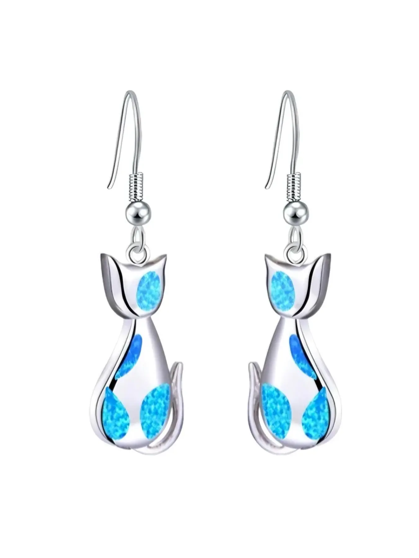 Cat Earrings for Women, Blue Opal Dangle Earrings, Silver Plated Animal Jewelry, Cute Kitten Drop Earrings, Lightweight Gift for