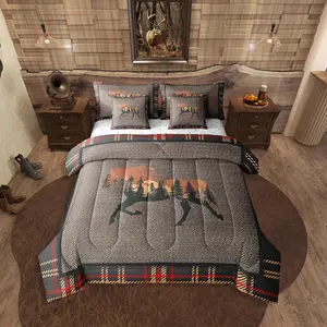 Horse 7 Piece Bed in a Bag Comforter Set,Rustic Western Cowboy Bedding Set for Teens Kids Adult,Farmhouse Nature Wildlife Sheets Western Room Decor,Plaid Quilt,Orange Grey