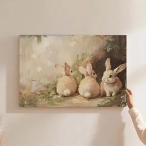 Cute Rabbits Canvas Wall Art, Vintage Bunnies Easter Wall Decor, Cottage Spring Rabbit Painting, Aesthetic Canvas Print for Living Room Bedroom Home Decor